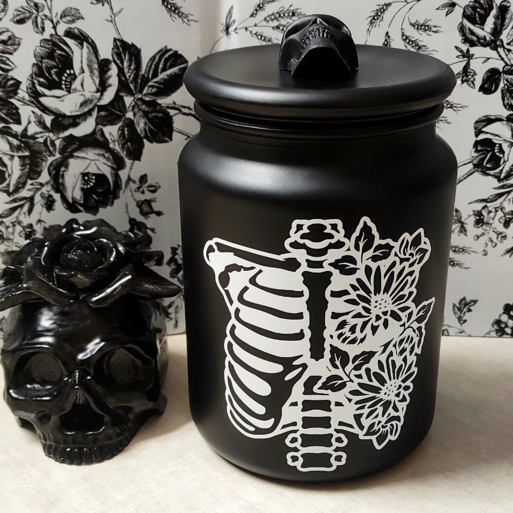 Black Floral Ribcage Glass Cookie Jar/Kitchen Storage Canister || Gothic Decor